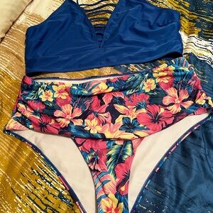 Blue and Floral Bikini Set